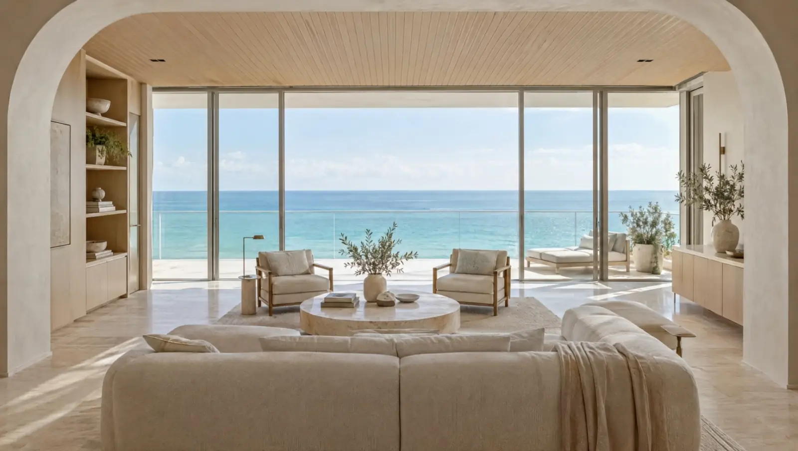 Salón de un apartamento moderno frente al mar en Miami Beach, con paredes claras, techo de roble, piso de travertino y ventanales de piso a techo abiertos al océano